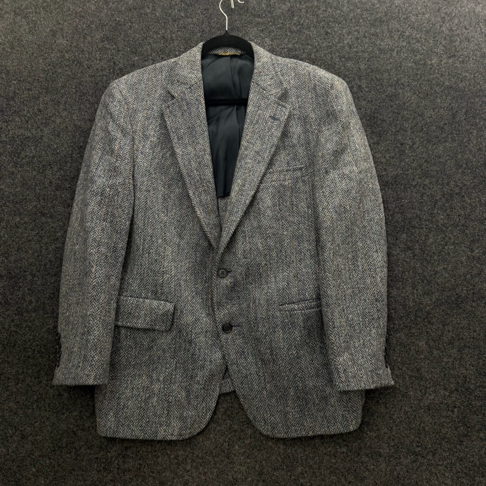 Vintage Harris Tweed John Weitz 1960s Wool Blazer Blue Herringbone Jacket 42